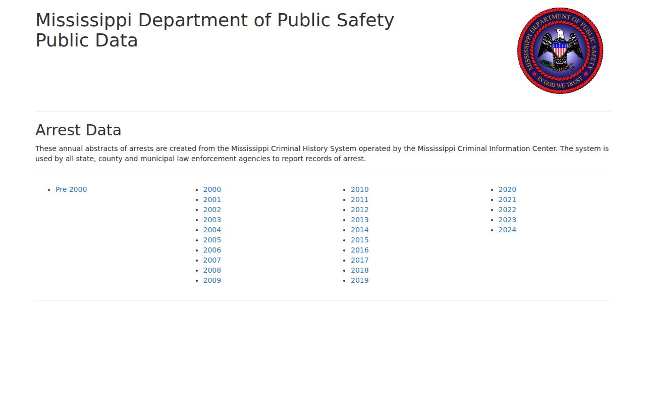 Mississippi public arrest and citation data page