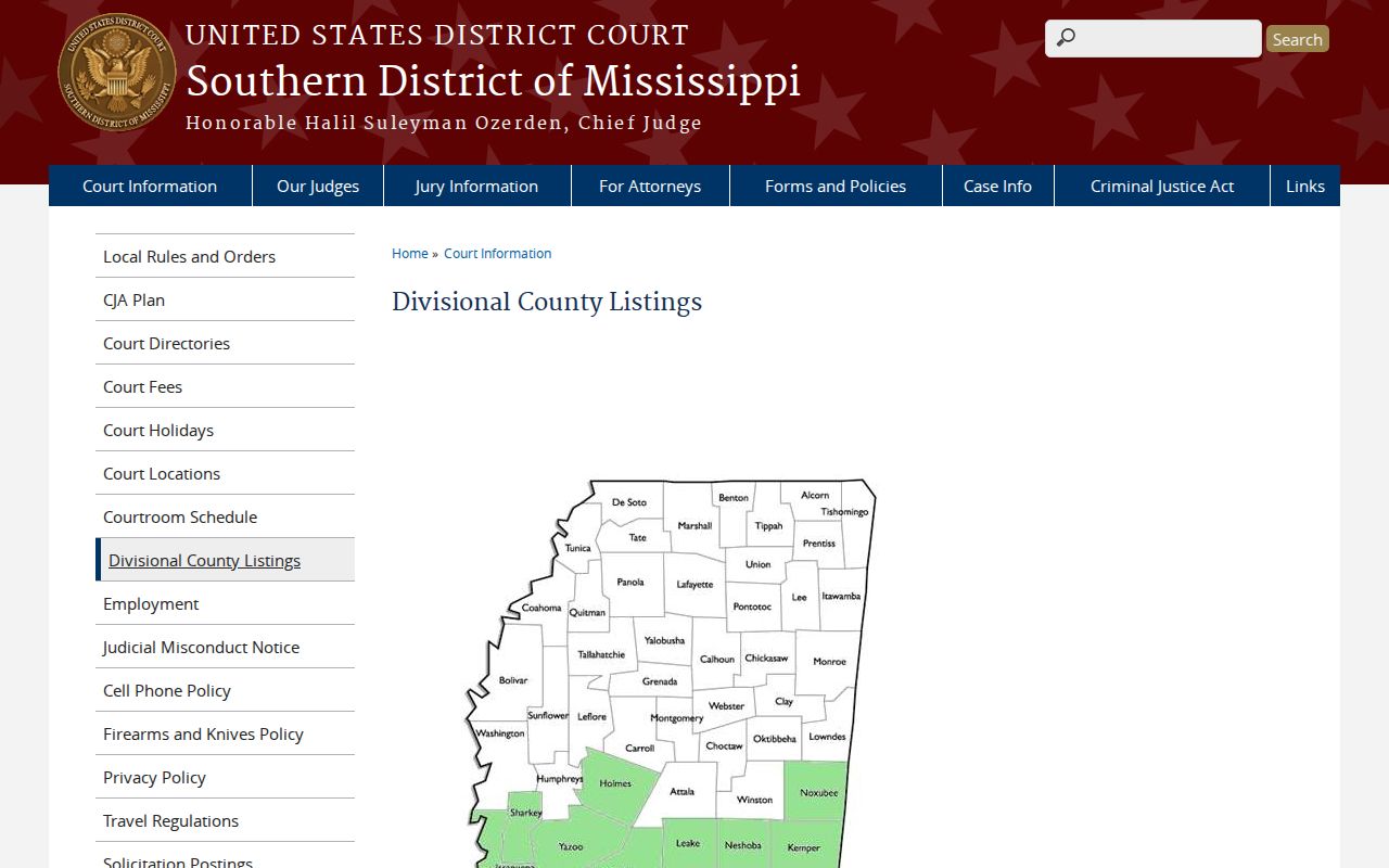 Southern District of Mississippi county division listing